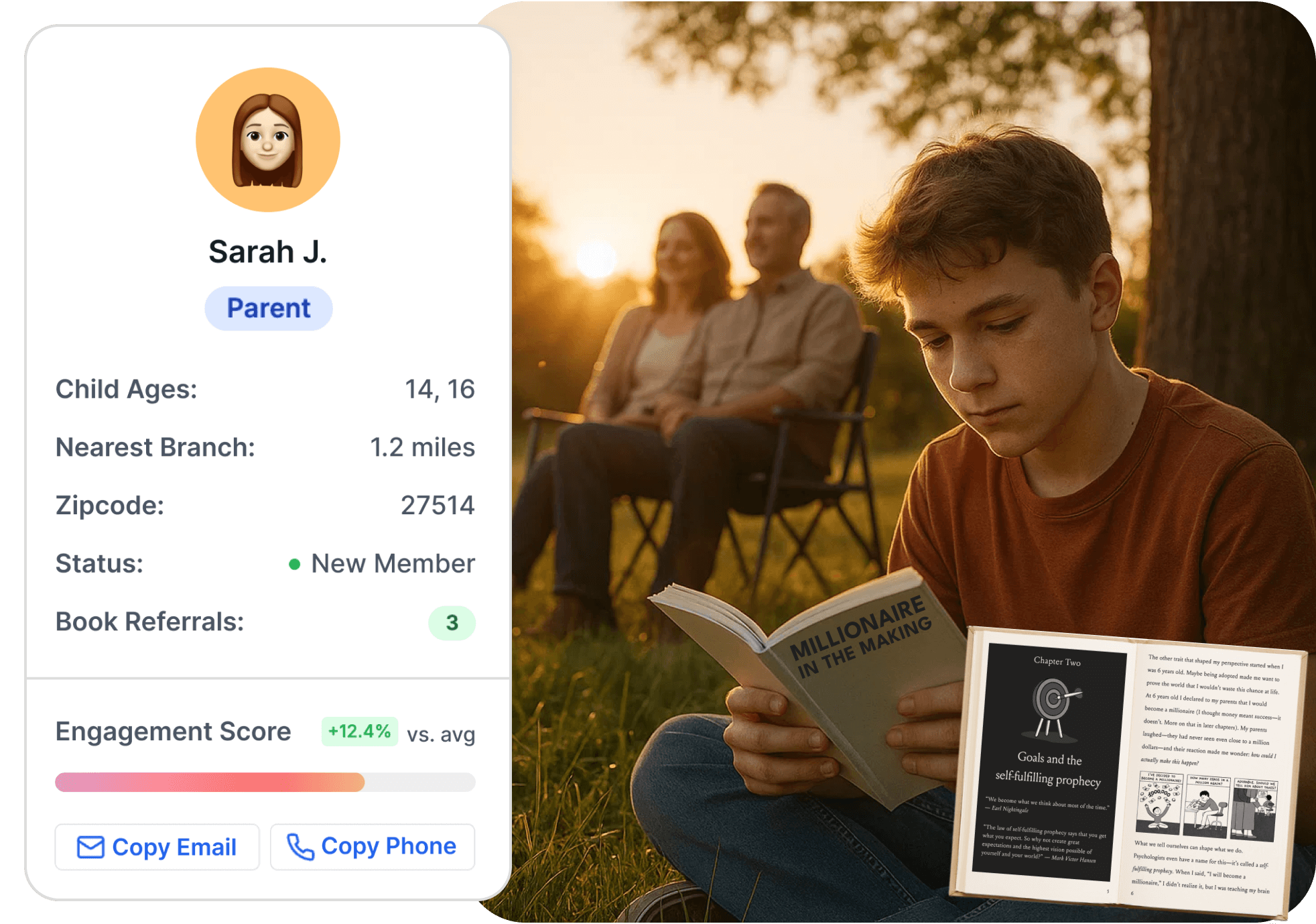 Boy reading book in field with parents watching on
